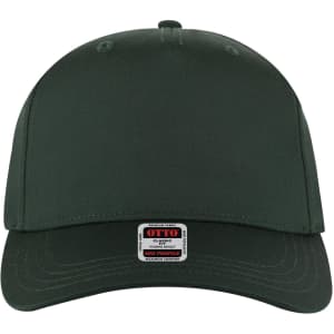 A green 5-panel mid crown baseball cap with a logo on the front.
