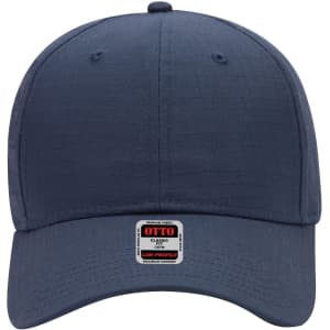A navy six-panel low profile baseball cap featuring a logo on the front.