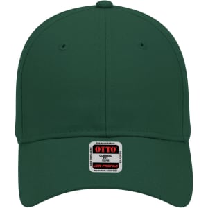 A green 6-panel low profile baseball cap with a logo at the front.