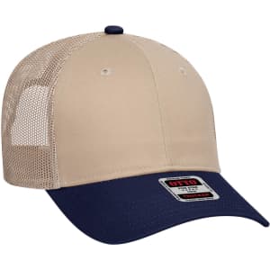 A beige trucker cap with a navy peak and mesh side panels, featuring a branding logo.