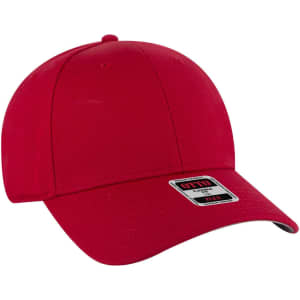 A red 6-panel low profile baseball cap featuring a logo on the side.
