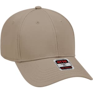A low profile beige baseball cap with six panels and a logo on the front.
