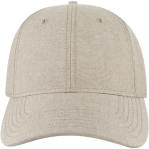 A light grey 6 panel low profile baseball cap with a logo on the front. Features stitching details throughout.