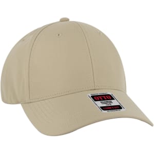 A beige low profile baseball cap with a six-panel design and a logo on the front.