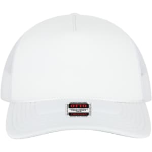 A low profile trucker cap in white with a mesh back and a logo at the front.