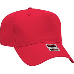 A red 5 panel mid crown baseball cap with a logo on the front.
