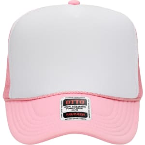 A pink and white 5 panel high crown trucker cap featuring a logo on the front and a snap closure at the back.
