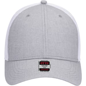 A grey and white 6 panel low profile trucker cap with a logo on the front.