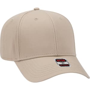 A beige six-panel mid-profile baseball cap with a logo tag on the front.