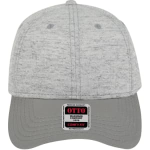 A grey baseball cap with a low profile, featuring a logo and a comfortable fit design.
