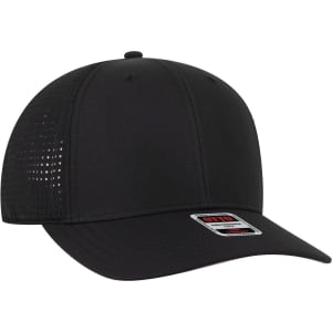A black 6 panel mid-profile baseball cap featuring a mesh design and a logo on the front.