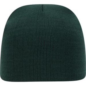 A dark green classic knit beanie with a ribbed texture and a rounded top, featuring a branding logo.