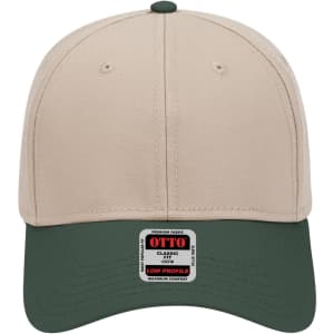 A low profile baseball cap featuring a beige crown and green brim, with a logo on the front.