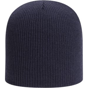 A navy premium rib knit beanie with a snug fit and a simple design. It features a logo on the side.