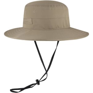 A beige polyester pongee boonie hat with a wide brim and adjustable chin strap. Features a logo.
