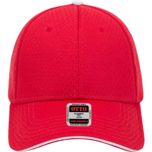 A red low-profile baseball cap featuring a mesh design and a branded label on the front.