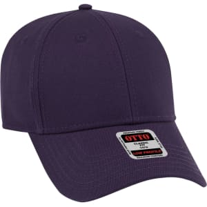 A purple 6 panel low profile baseball cap featuring a branding tag.