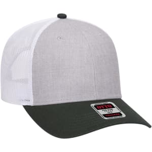 A grey and white 6 Panel Low Profile Trucker Cap with a green visor and a logo on the front.