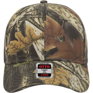 A camouflage baseball cap with a low profile design, featuring earthy tones and a branded label.