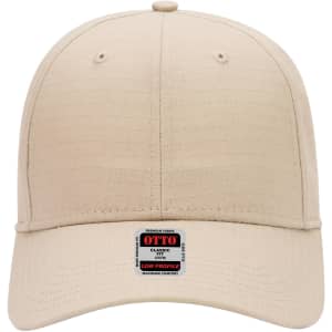 A beige 6-panel low profile baseball cap with a logo label on the front.