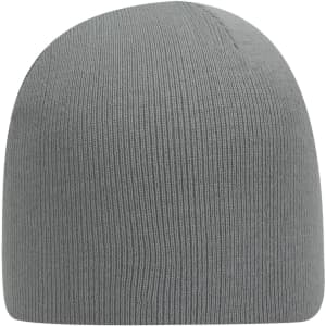 A grey classic knit beanie with a snug fit and a simple design. It features a logo on one side.