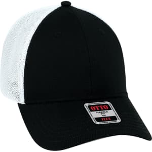 A black and white 6 panel low profile trucker cap with a mesh back and a logo on the front.