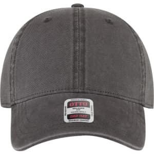 A grey 6 panel low profile dad cap with a curved brim and a logo label on the front.