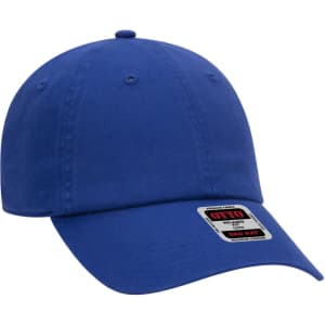 A blue 6 panel low profile dad cap with a logo and an adjustable strap at the back.