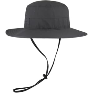 A dark grey polyester pongee boonie hat featuring a wide brim and adjustable chin strap, with a logo on the side.