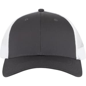 A low-profile trucker cap featuring a dark grey front and white mesh panels at the back, complete with a logo.
