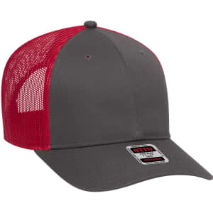 A grey and red 6-panel low profile trucker cap with a mesh back and a logo on the front.