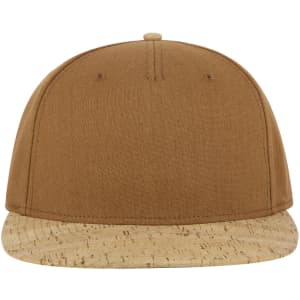 A five-panel snapback cap with a brown fabric upper and a cork-brimmed lower section, featuring a logo.