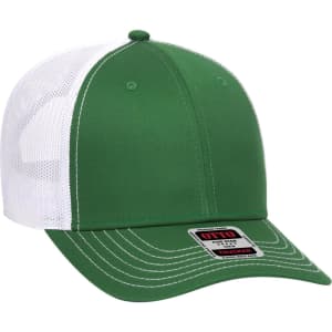 A green low profile trucker cap with a white mesh back and a branded tag on the visor.