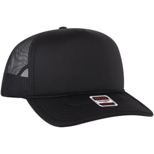 A black 5 Panel High Crown Trucker Cap featuring mesh panels and a branded label on the front.