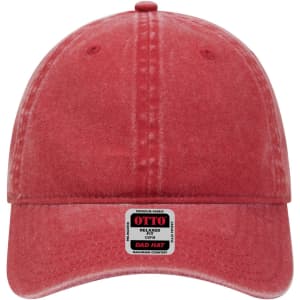 A red, low-profile dad cap with a curved brim and a logo on the front. The fabric has a faded, distressed look.