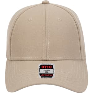 A beige 6 panel low profile baseball cap with a logo on the front. Features a curved brim and stitching details.