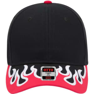 A black and red low profile baseball cap featuring flame designs and a logo on the front.