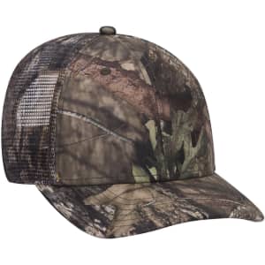 A camouflage baseball cap with a low profile and mesh sides, featuring earthy tones of brown and green.