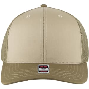 A beige trucker cap featuring a mid-profile design and a mesh back. It has a stitched visor and a logo tag.