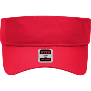 A red sun visor featuring a wide brim and a branded label on the front.