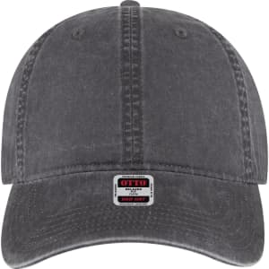 A grey 6 panel low profile dad cap with a logo on the front and a curved visor.