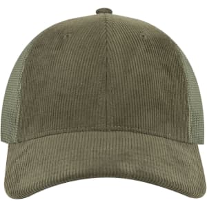 A low profile trucker cap in olive green with a corduroy front and mesh sides. Features a logo on the front.