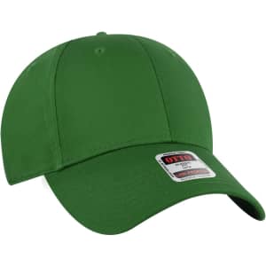 A green 6 panel low profile baseball cap featuring a logo on the front.