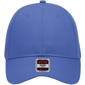 A blue six-panel low-profile baseball cap with mesh sides and a logo on the front.