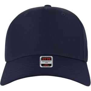 A navy blue 5 Panel Mid Profile Style Baseball Cap with a logo on the front.