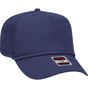 A navy blue 5 panel mid profile trucker cap with a mesh back and a decorative braided trim. It features a logo on the front.