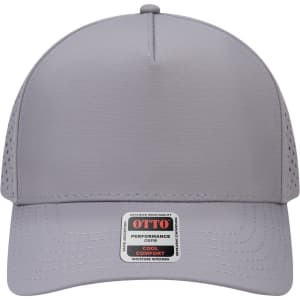 A grey 5-panel mid-profile baseball cap featuring a logo and vented sides for breathability.