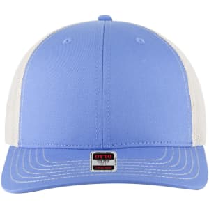 A light blue mid profile trucker cap with white mesh sides and a branded logo on the front.