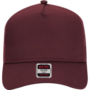 A maroon 5 panel mid-profile trucker cap featuring a solid design and a logo on the front.