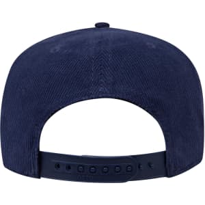 A navy blue 5 Panel Mid Profile Baseball Cap with an adjustable strap at the back and a logo.